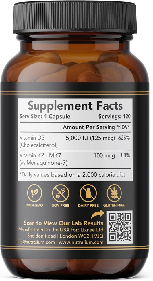 Artery Armor Vitamin D3 K2 Supplement 5000 IU D3 & 100 mcg MK-7 K2 – 120 Count