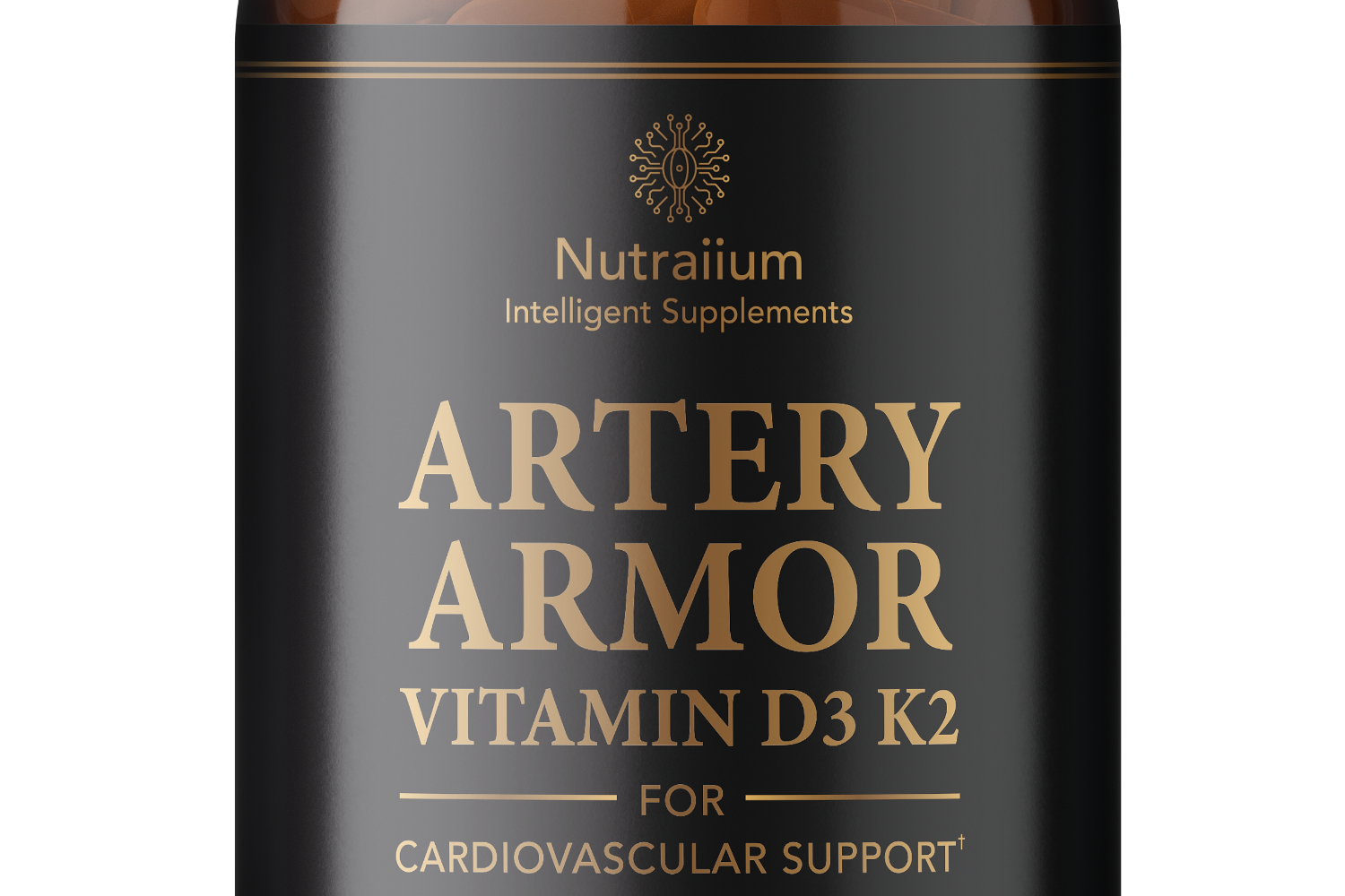 Nutritional supplement bottle labeled 'Artery Armor Vitamin D3 K2' by Nutraium on a white background.